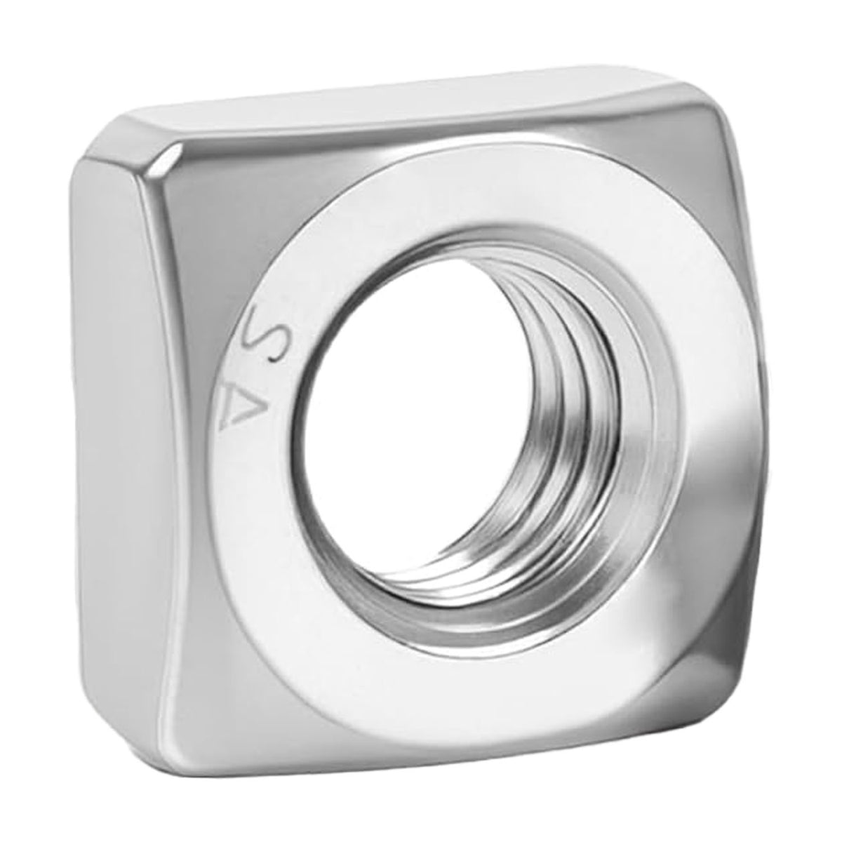 18-8 stainless steel M6 square nut, angled view of the threaded hole and rounded corners