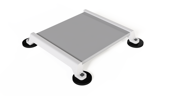 Starlink Mini magnetic mount with the dish in white brackets on four black rubber-coated magnets, angled view