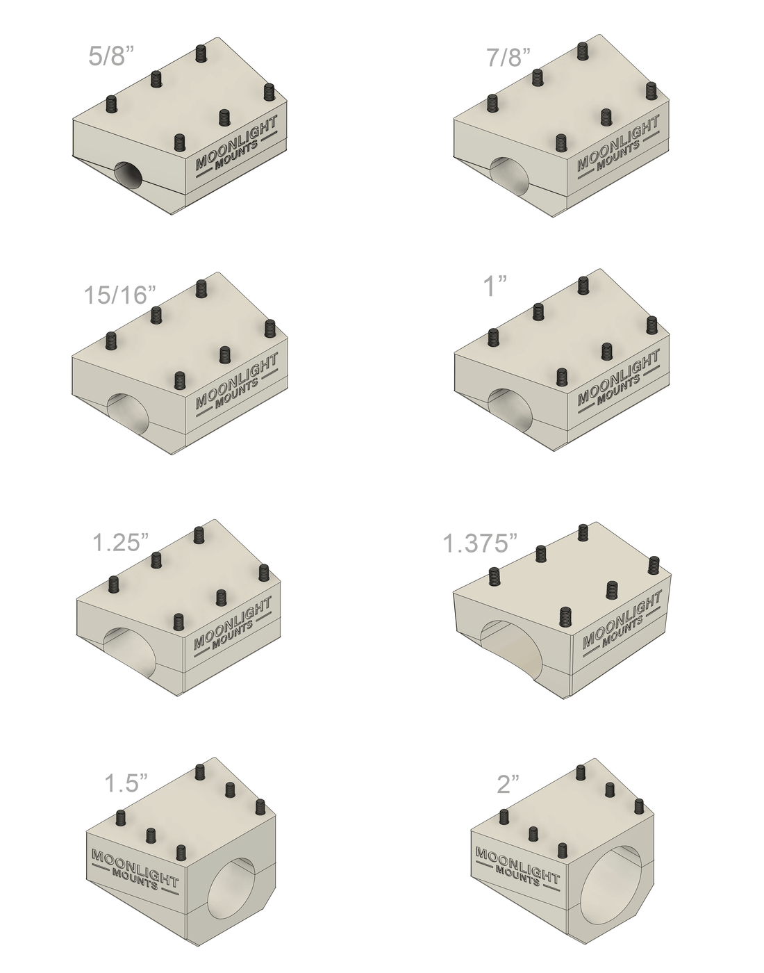 All eight Starlink Mini rail mount pole bracket sizes from 5/8 inch to 2 inch, labeled by diameter