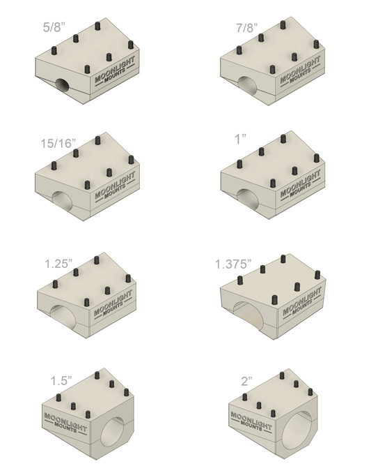 All eight Starlink Mini rail mount pole bracket sizes from 5/8 inch to 2 inch, labeled by diameter