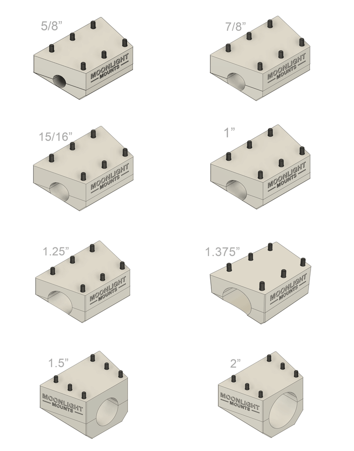 All eight Starlink Mini rail mount pole bracket sizes from 5/8 inch to 2 inch, labeled by diameter