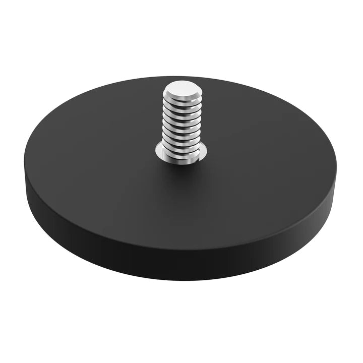 Rubber-coated neodymium magnet with M8 threaded stud, 66 mm black disc shown stud side up