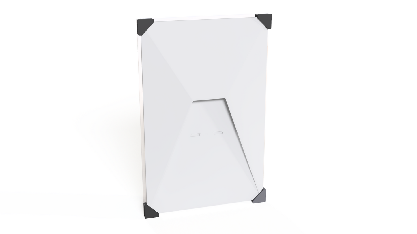 Rear view of a Starlink Gen 3 dish in the hail guard with low-profile corner brackets
