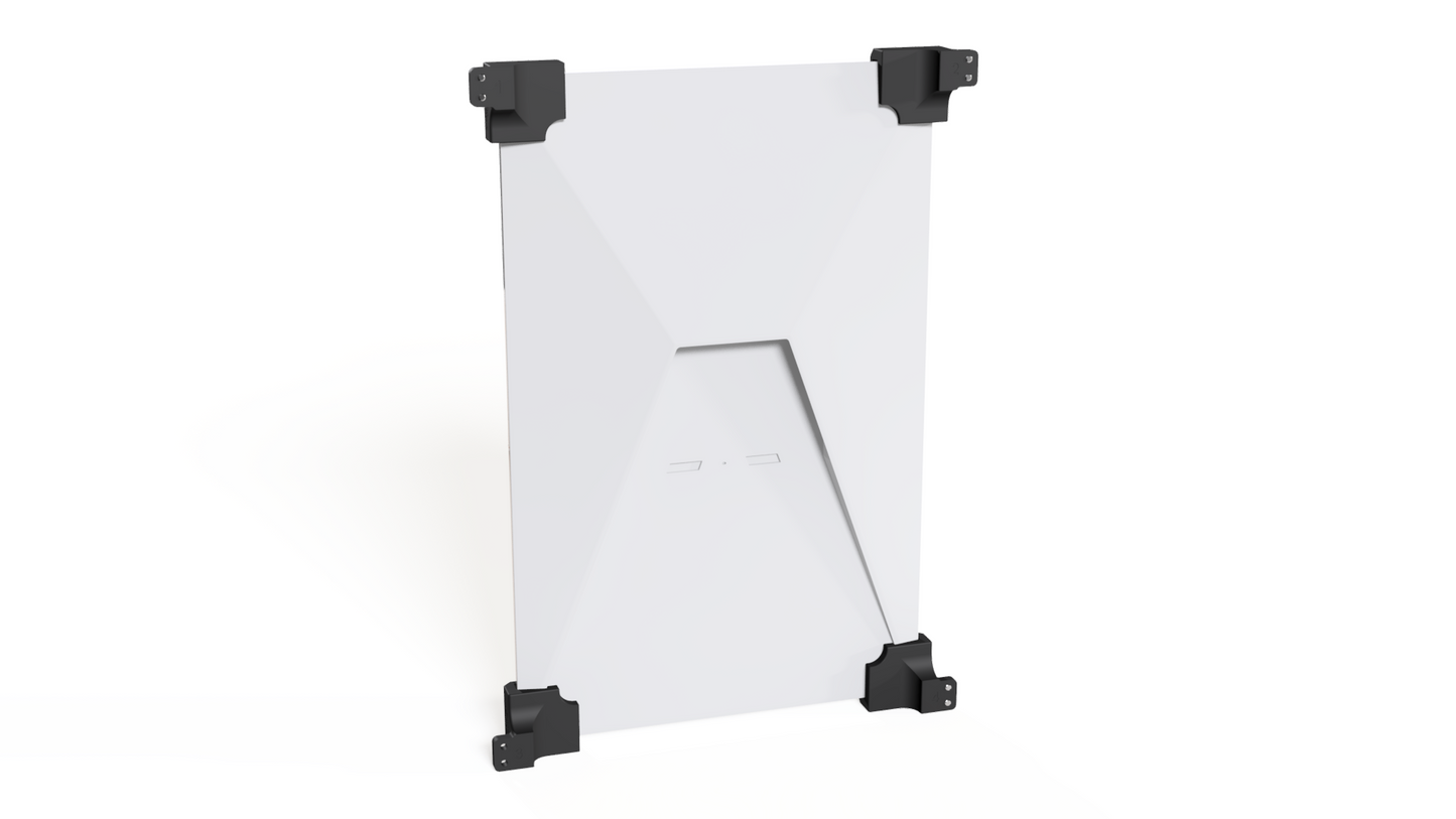 Rear view of a Starlink Gen 3 dish in the flat screw-in roof mount with corner brackets