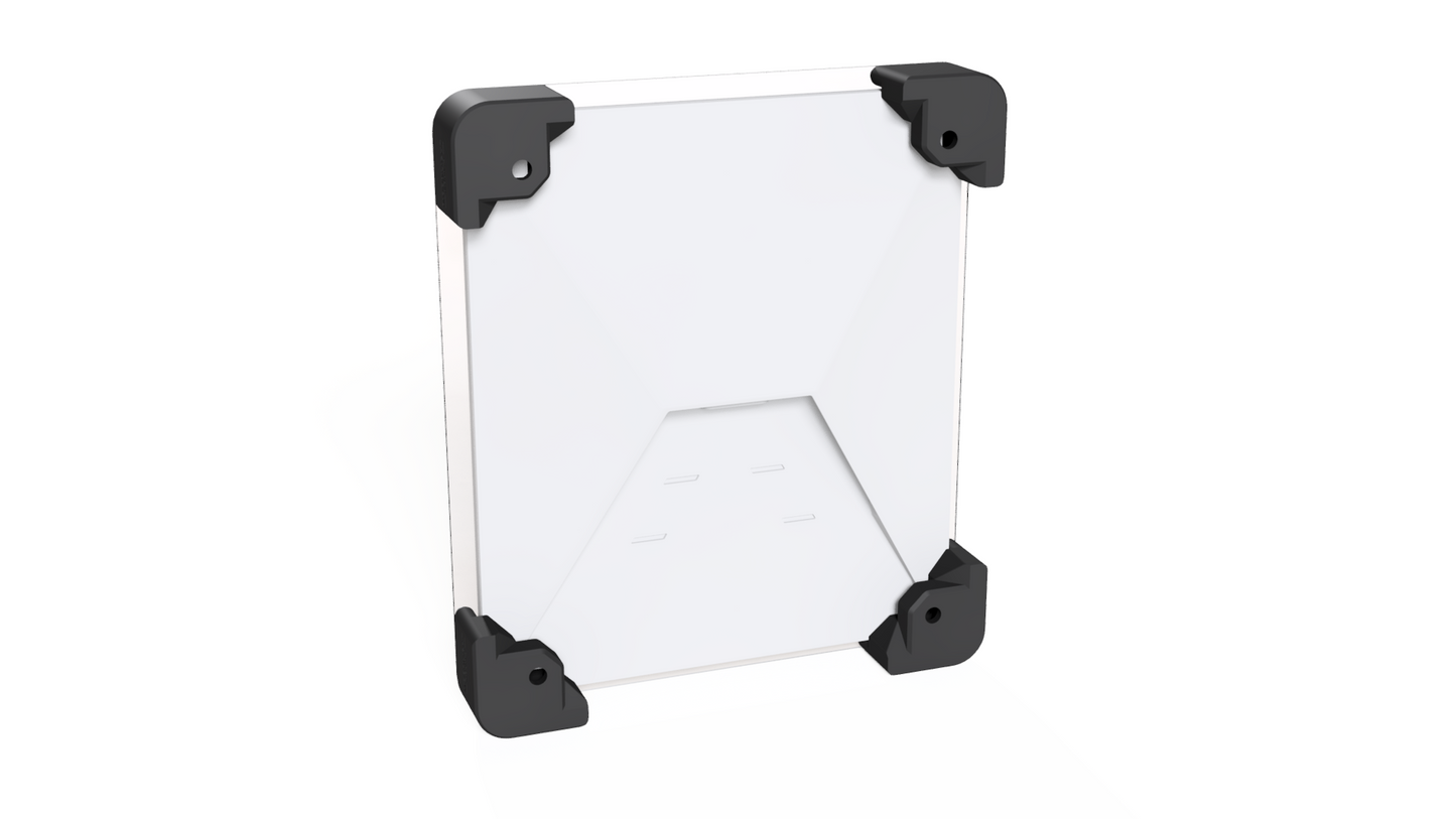 Rear view of a Starlink Mini in the hail guard enclosure, corner brackets with screw mounting holes