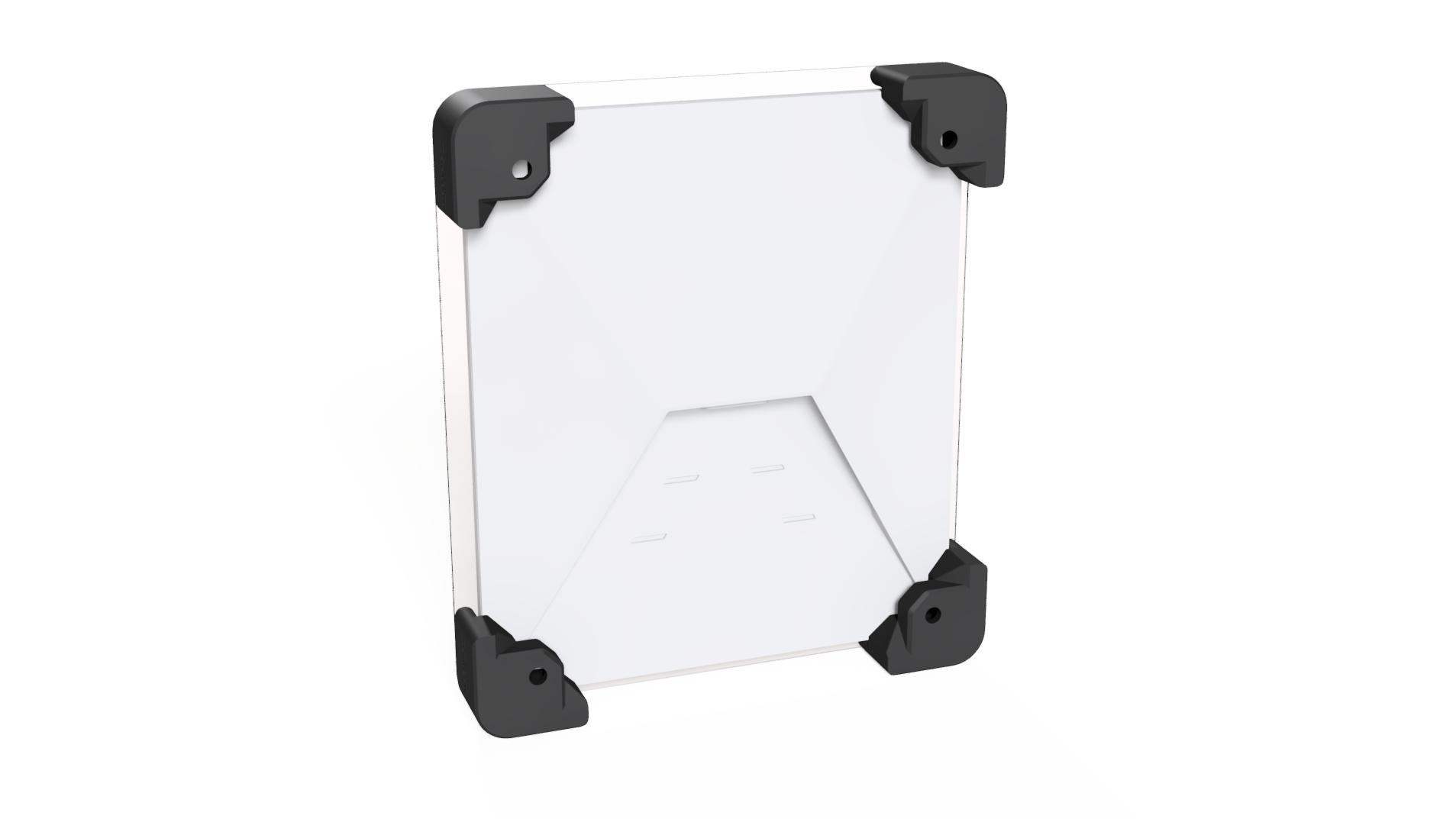 Rear view of a Starlink Mini in the hail guard enclosure, corner brackets with screw mounting holes