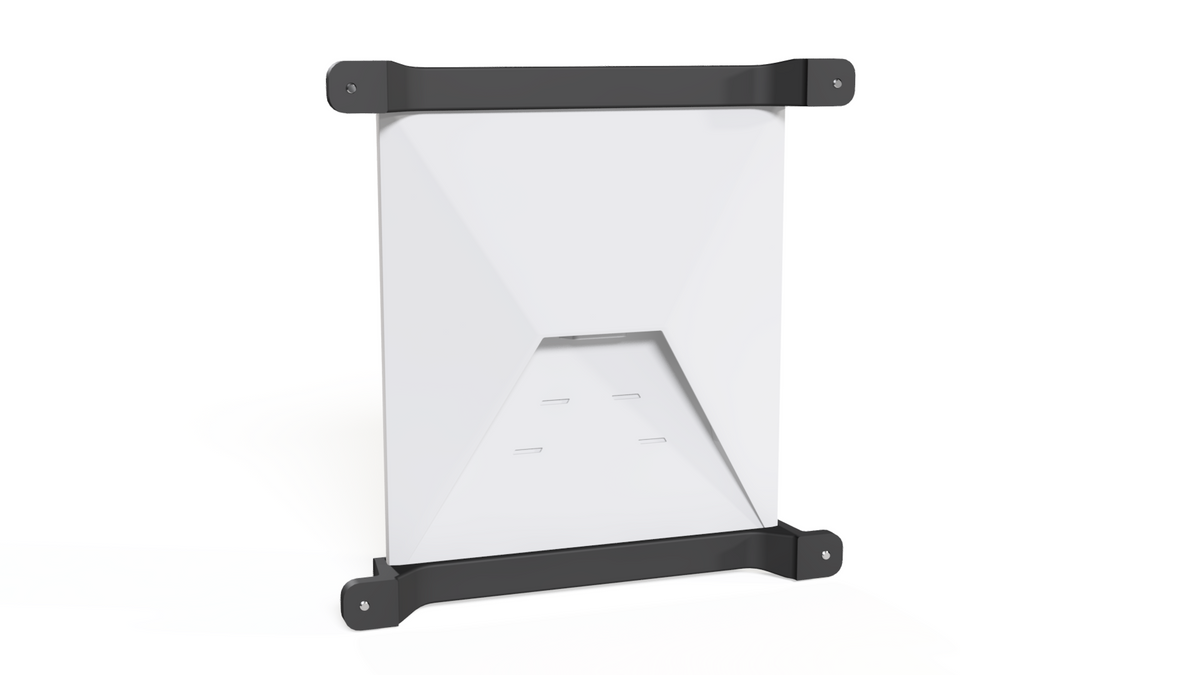 Rear view of a Starlink Mini in the screw-in roof mount, rails top and bottom with corner screw tabs