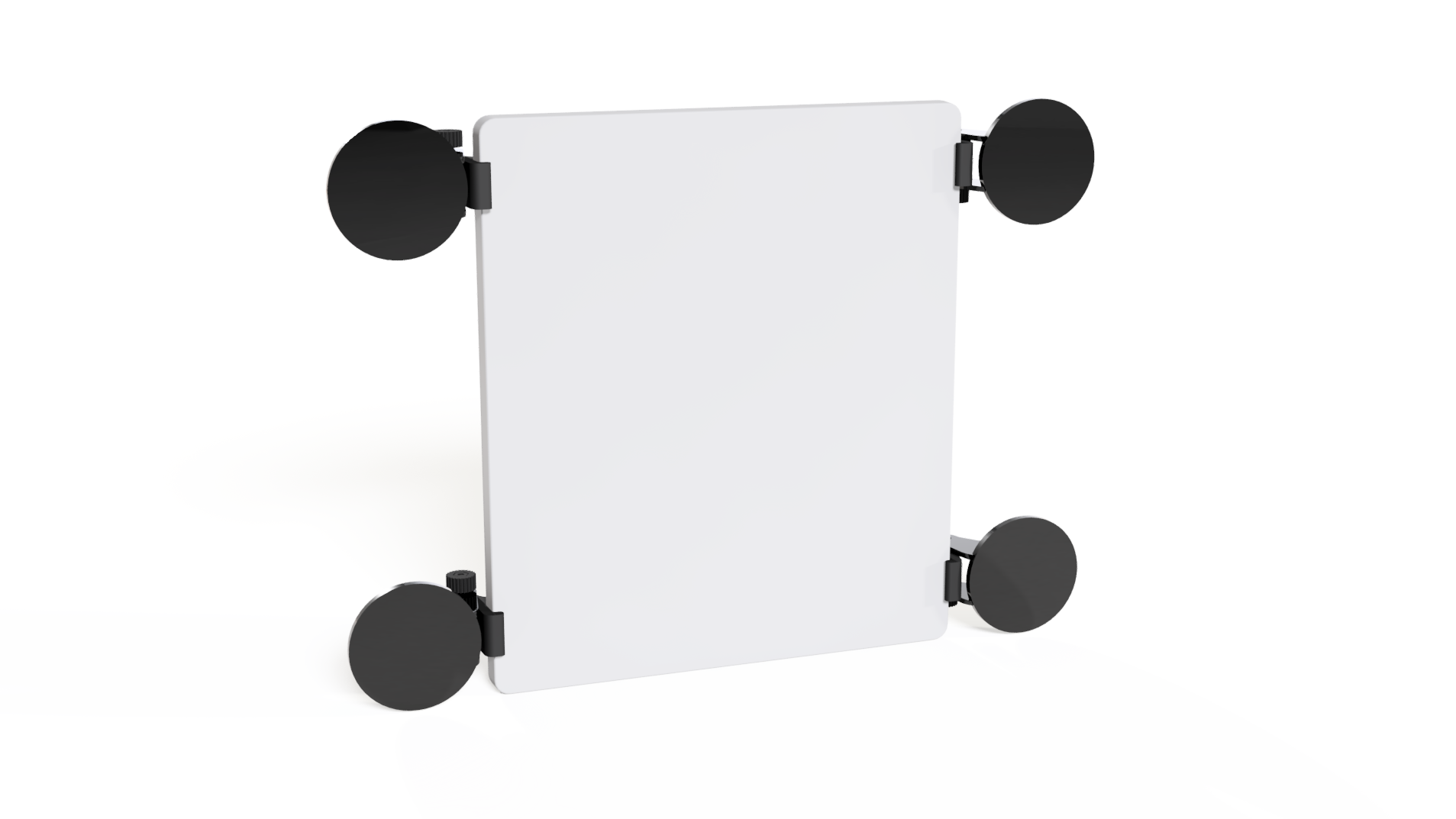 Front view of a Starlink Mini mounted horizontally in the suction cup window mount, suction cups at all four corners