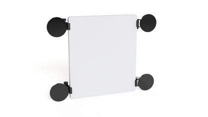 Front view of a Starlink Mini mounted horizontally in the suction cup window mount, suction cups at all four corners