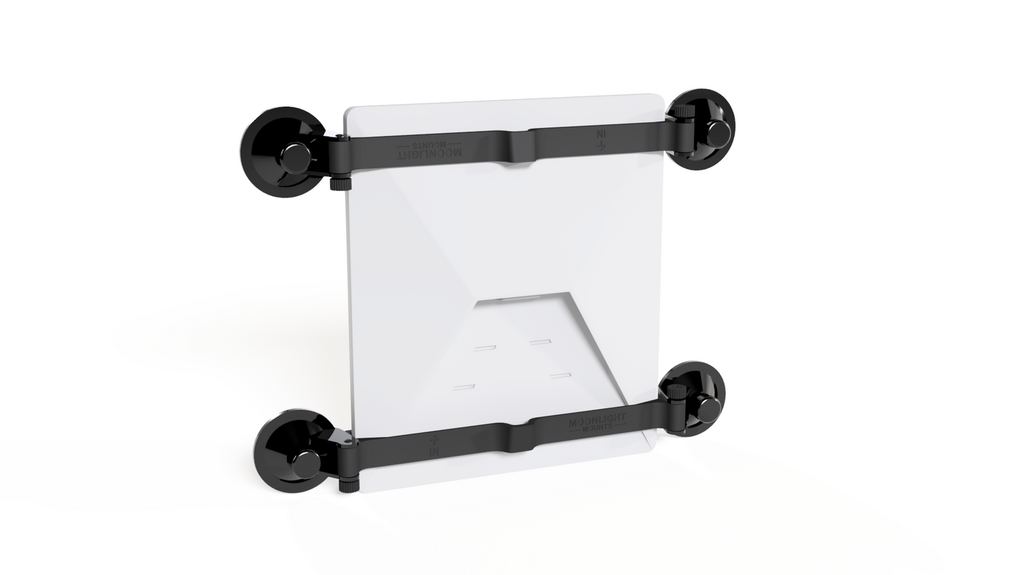 Starlink Mini suction cup mount in horizontal orientation, rear angled view showing the suction cup arms