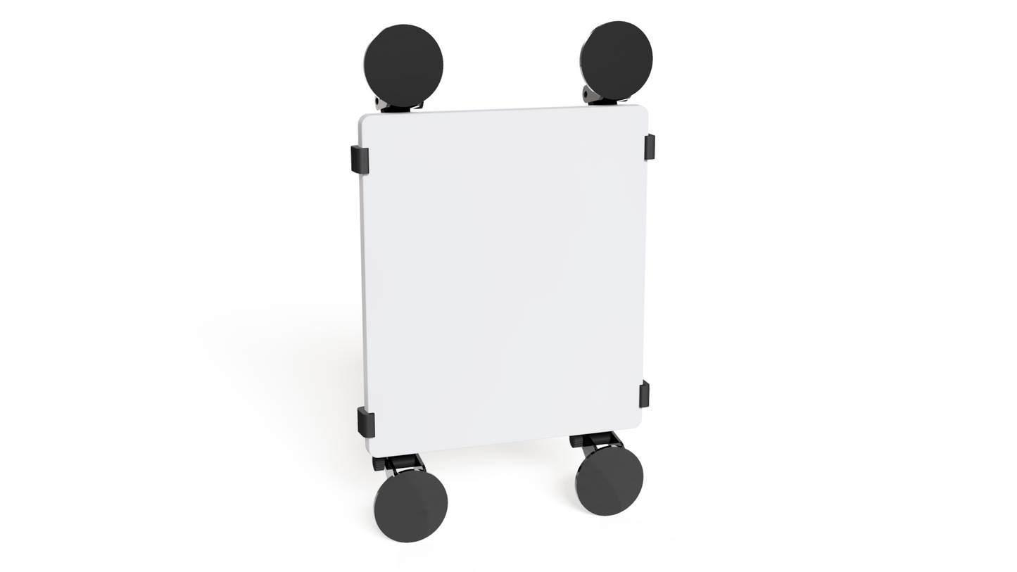 Front view of a Starlink Mini held vertically in the suction cup window mount with a suction cup at each corner