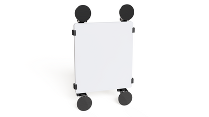 Front view of a Starlink Mini held vertically in the suction cup window mount with a suction cup at each corner