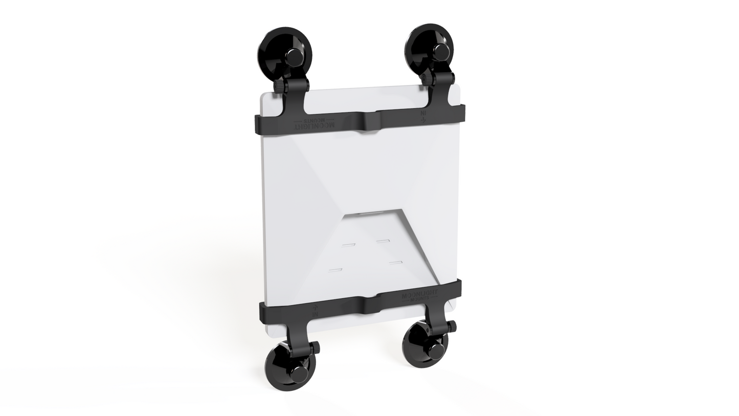 Starlink Mini suction cup mount, rear angled view of the dish mounted vertically with four black locking suction cups