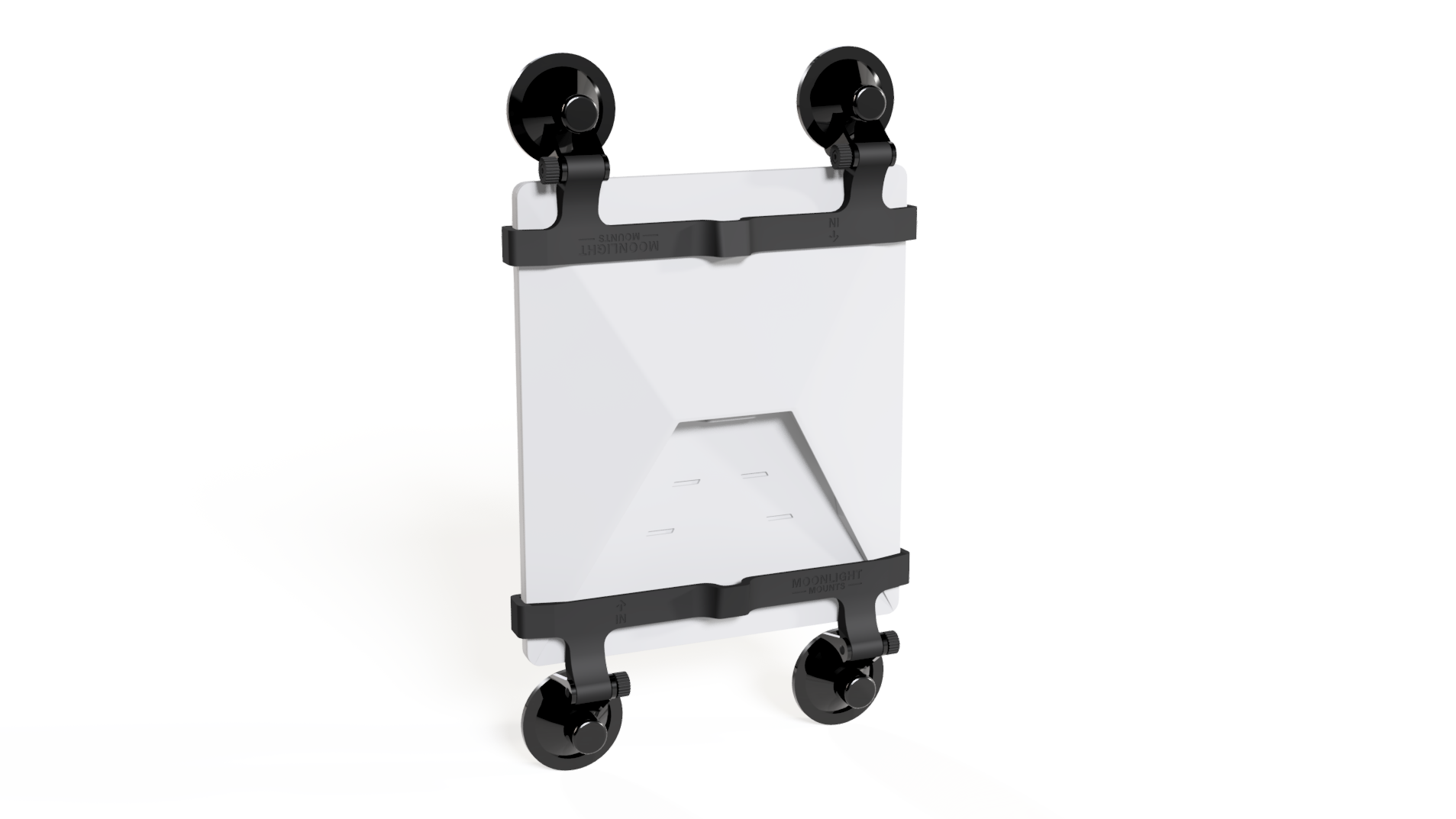 Starlink Mini suction cup mount, rear angled view of the dish mounted vertically with four black locking suction cups