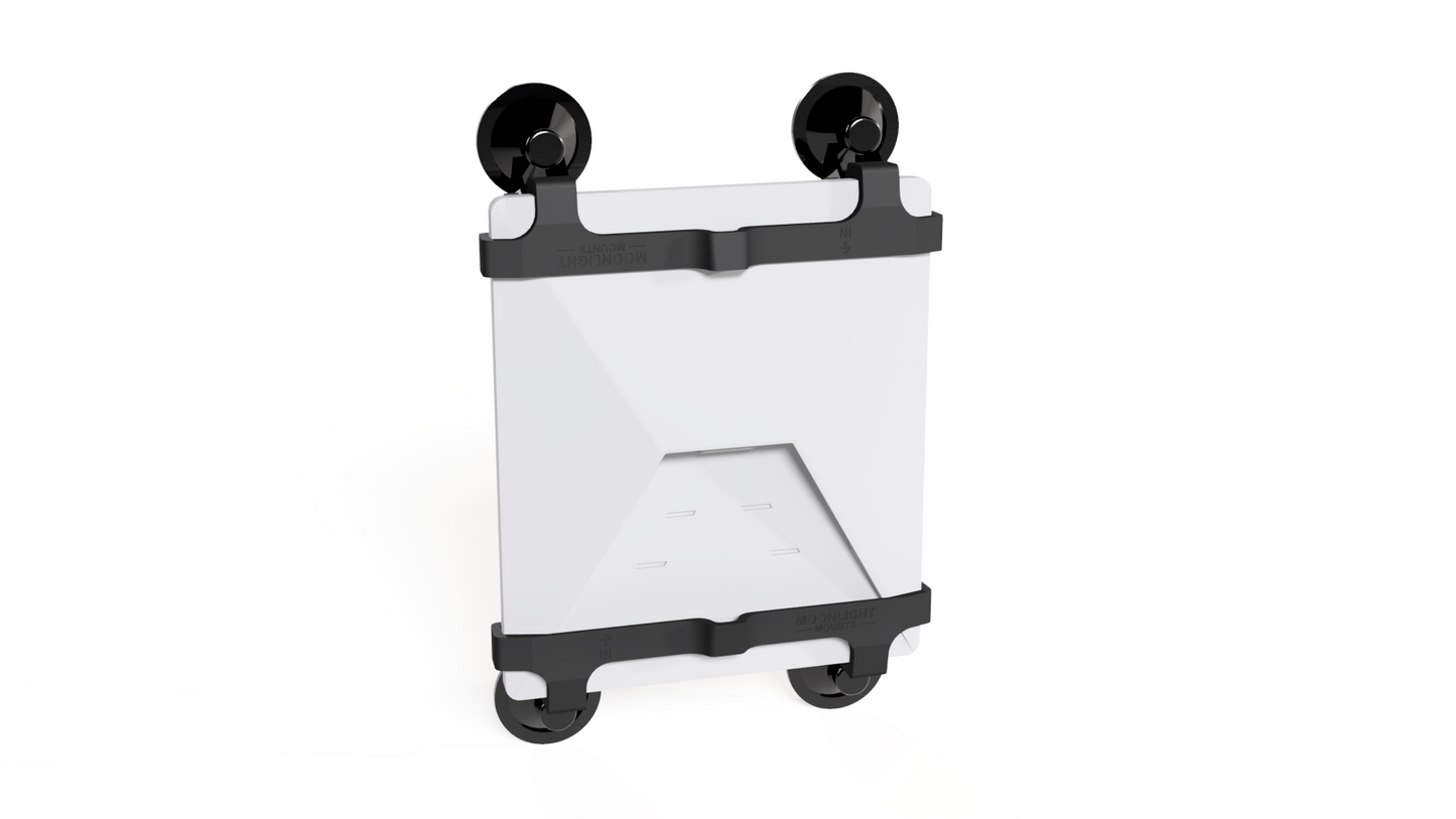 Starlink Mini compact suction mount, rear angled view with low-profile suction cups above and below the dish