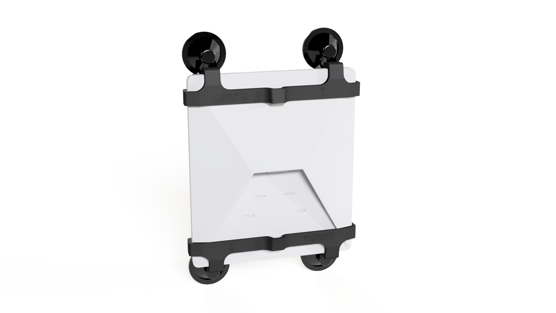 Starlink Mini compact suction mount, rear angled view with low-profile suction cups above and below the dish