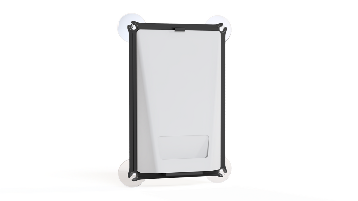 Starlink Router Mini suction cup mount, angled view of the router in its frame with four clear suction cups