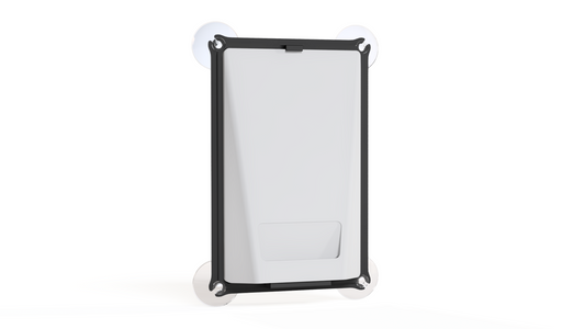 Starlink Router Mini suction cup mount, angled view of the router in its frame with four clear suction cups