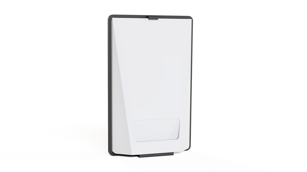 Starlink Router Mini no-drill wall mount, angled view of the router seated in the adhesive bracket