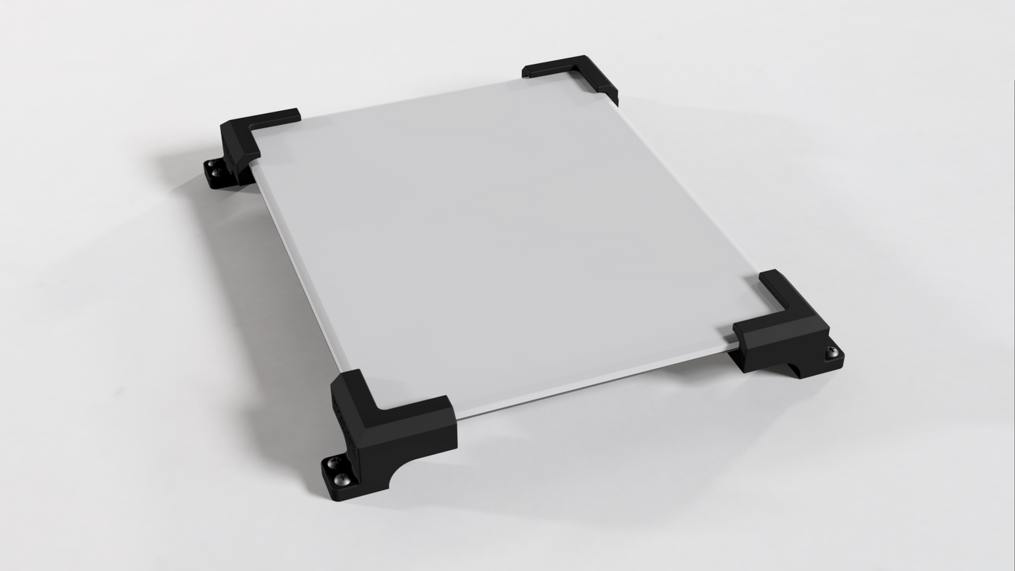 Angled view of a Starlink V5 dish lying face up in the roof mount's four corner brackets