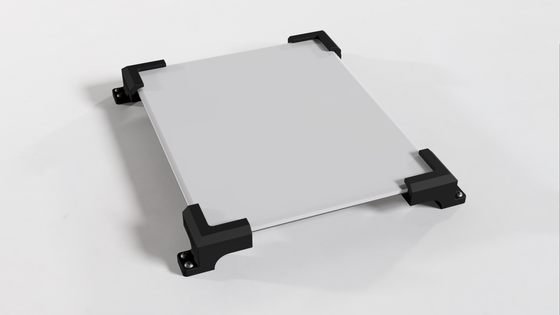 Angled view of a Starlink V5 dish lying face up in the roof mount's four corner brackets