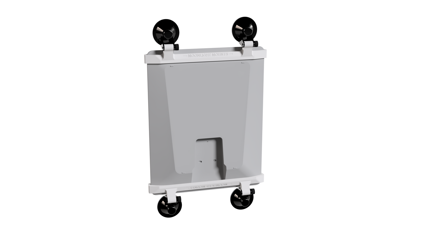 Starlink V5 dish in the suction cup mount, rear view showing top and bottom brackets and four locking suction cups