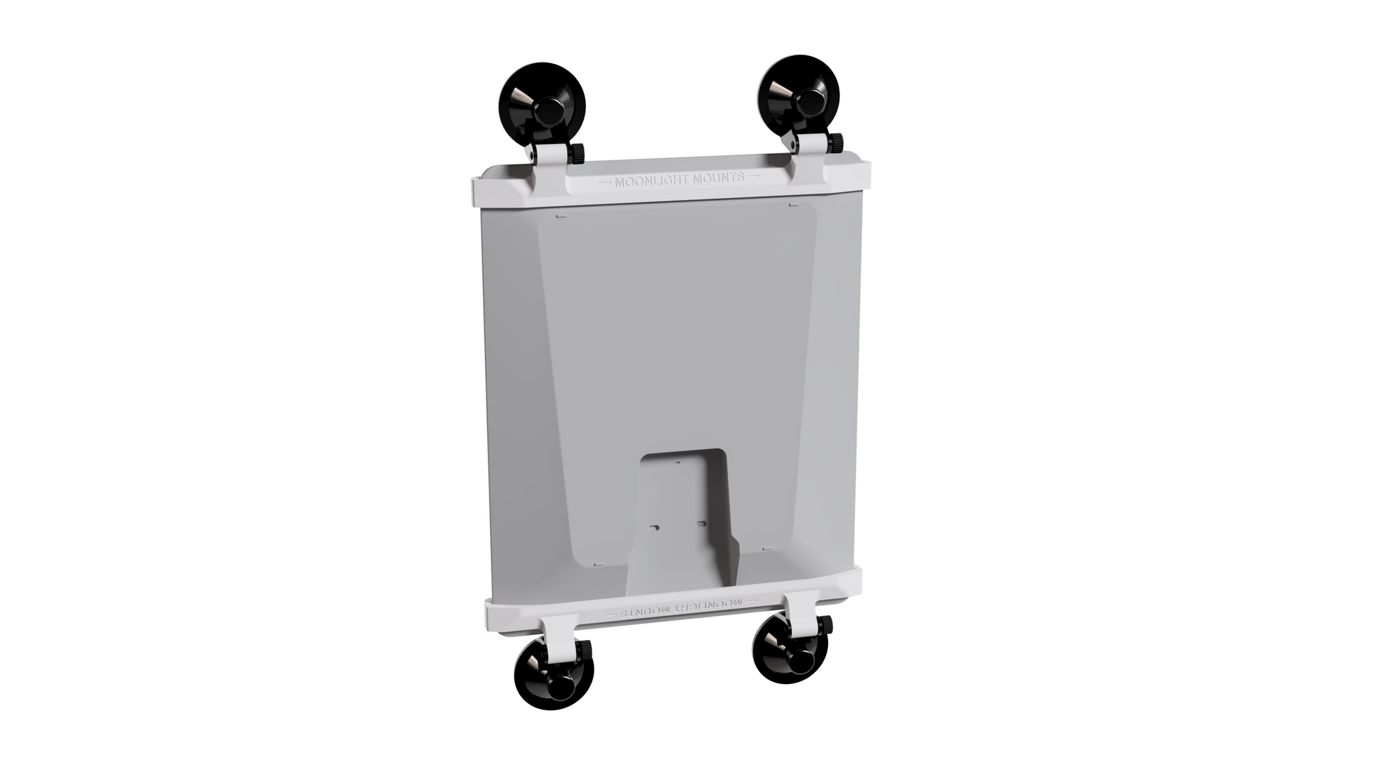 Starlink V5 dish in the suction cup mount, rear view showing top and bottom brackets and four locking suction cups