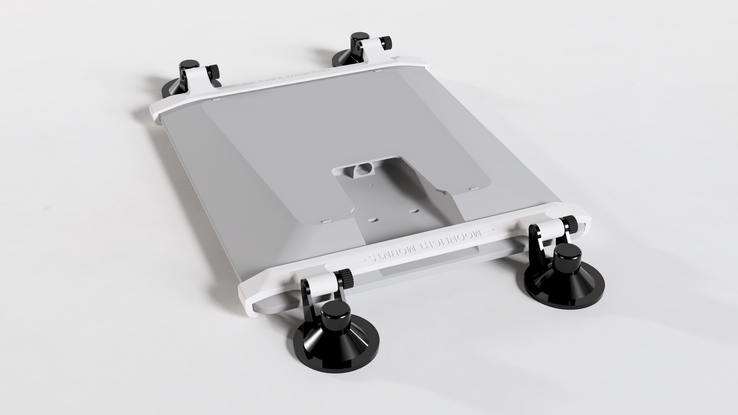 Starlink V5 suction cup mount laid flat, close angled view of the locking suction cups and low-profile rails