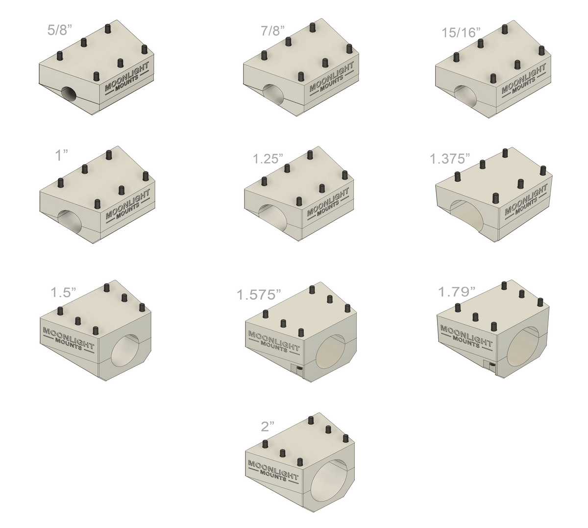 Ten labeled pole bracket sizes for the Starlink Mini rail mount, 5/8" to 2", including 1.79" (45.42 mm)